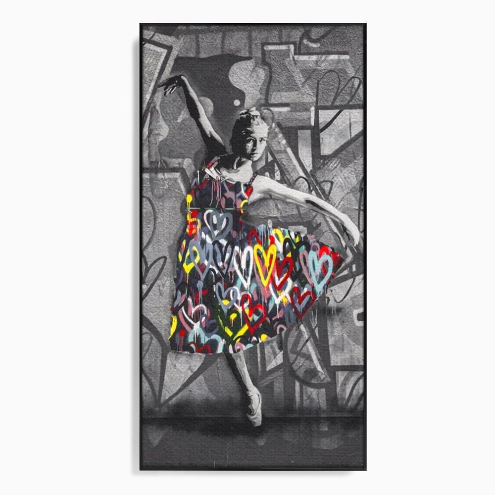 Tablou canvas cu tablou canvas cu balerina stilizata, in rama de aluminiu negru